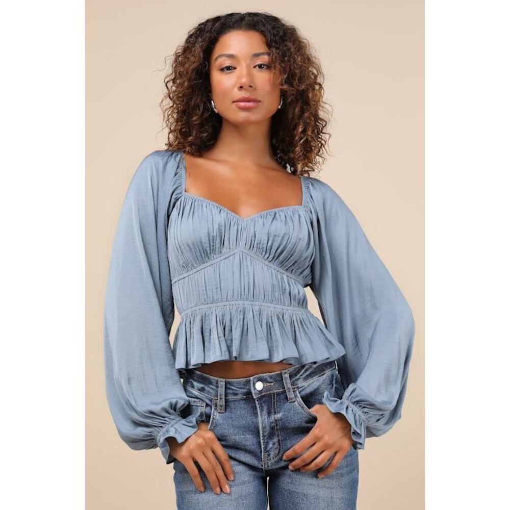 Lulus Sophisticate Slate Blue Satin Ruched Long Sleeve Top - Size M